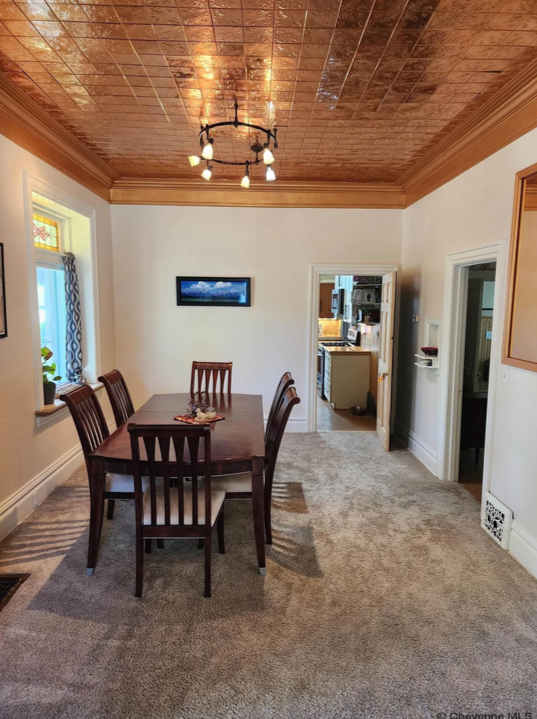 Original pressed-copper ceiling, dining room